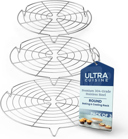Ultra Cuisine 3 Set Round Cooling Racks for Cooking and Baking – Oven & Dishwasher-Safe, 100% Stainless Steel Steaming and Baking Rack - Fits Air Fryer, Pressure Cooker & Cake Pan (7.5, 9 & 10.5 Inch)