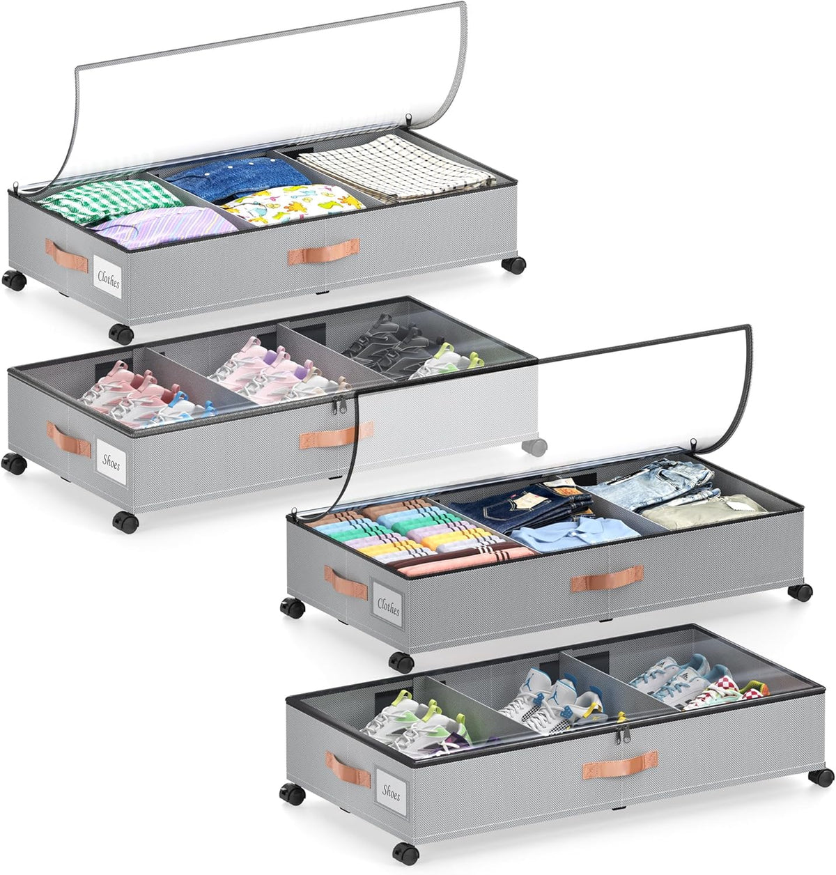 Under Bed Storage with Wheels, 4 Pack Under Bed Storage Container with Dividers & Clear Lids, Under the bed storage Organizer Bins,Underbed Storage with Wheels for Clothes,Toys,Shoes (GREY)