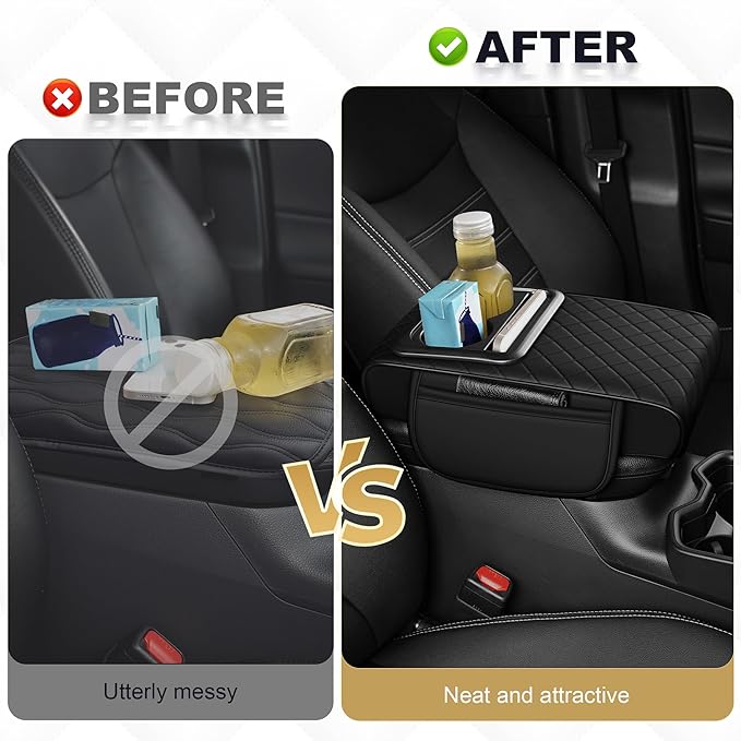 Center Console Cover for Pilot: Armrest Cover for Car with 2 Storage Bags - Waterproof Leather Center Console Cover with Cup Holder for Car,Anti-Scratch Auto Armrest Pad Accessory （Black