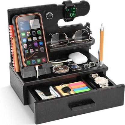 TESLYAR Wood Phone Docking Station with Drawer - Nightstand Organizer - Desk Organizer for Husband - Birthday Gifts for Men, Dad, Anniversary Idea, Key Holder Stand Watch & Accessories (Fumed Black)