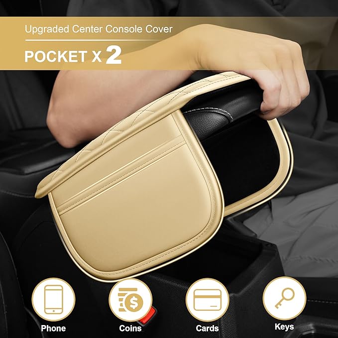 Center Console Cover for Clarity: Armrest Cover for Car with 2 Storage Bags - Scratch & Wear Resistant & Waterproof Leather Console Cover,Anti-Scratch Auto Armrest Pad Accessory （Beige