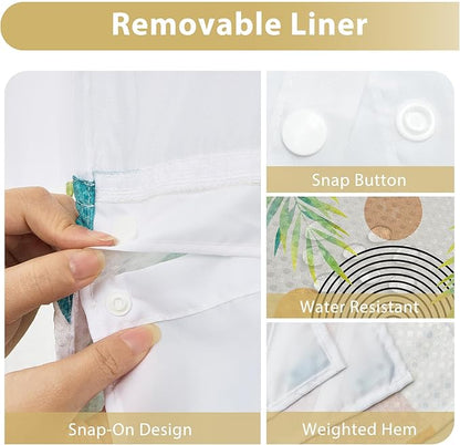 GICDSU No Hook Shower Curtain with Snap in Liner, Waffle Shower Curtain Set for Bathroom, Mid Century Style with Semi-Sheer Top Window, Waterproof & Washable, 71" W x 80" L