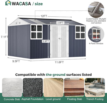 Metal shed 12x10 FT with Floor Kit, Outdoor Storage, Heavy-Duty Garden Sheds with Customizable Skylight & Reinforced Steel Frame, Weatherproof Galvanized Tool Tiny House for Backyard, Patio, and Lawn
