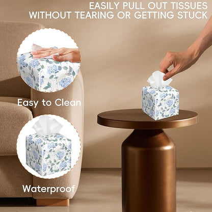 OHEGBXE Contemporary Floral Tissue Box Cover Holder Cube Facial Paper Organizer Dispenser, Abstract Hydrangea Flower, Square, PVC Leather, 5.2"L x 5.2"W x 5.2"H