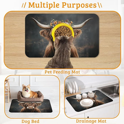 Highland Cow Feeding Mat,Absorbent Quick-Dry Cat Dog Food and Water Bowl Mats,Non-Slip Rubber Backing Mat,Cat Dog Accessories Supplies 16" x 24"