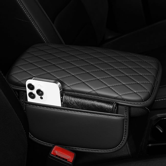 Center Console Cover for CR-V: Armrest Cover for Car with 2 Storage Bags - Scratch & Wear Resistant & Waterproof Leather Console Cover,Anti-Scratch Auto Armrest Pad Accessory （Black