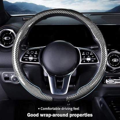 Car Steering Wheel Cover Carbon Fiber Snap On Steering Wheel Accessories Wrap 14.5-15 inch Universal Grip Anti-Skid Protector, Glossy Silver