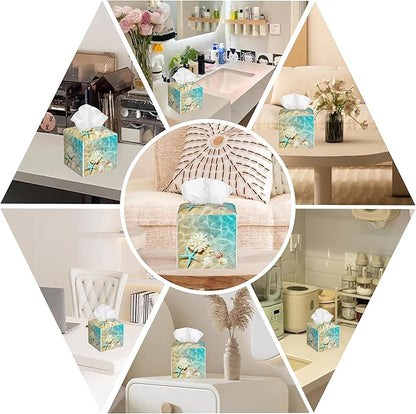 BLYKVGHQ Summer Beach Leather Tissue Box Holder Starfish and Seashell Tissue Box Cover Facial Paper Case Organizer Cube Napkin Dispenser for Bathroom Vanity Countertop Night Stand Office Car