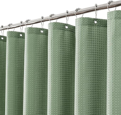 meioro Sage Green Shower Curtain, Waffle Weave 256GSM Heavy Duty Textured Fabric Shower Curtains for Bathroom Hotel Spa, Luxury Weighted Polyester Cloth Bath Curtain Set with 12 Hooks, 72Wx96H