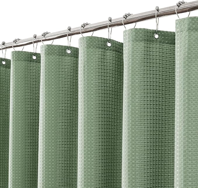 meioro Sage Green Shower Curtain, Waffle Weave 256GSM Heavy Duty Textured Fabric Shower Curtains for Bathroom Hotel Spa, Luxury Weighted Polyester Cloth Bath Curtain Set with 12 Hooks, 48Wx72H