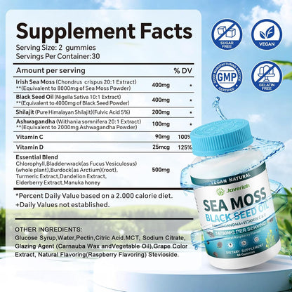 Vegan Ashwagandha Sea Moss Gummies - Black Seed Oil, Vitamin C&D for Immune Support, Digestive, Antioxidant 13 in 1 Bundle, Sea Moss Chlorophyll Advanced Strength Formula 60 Gummies