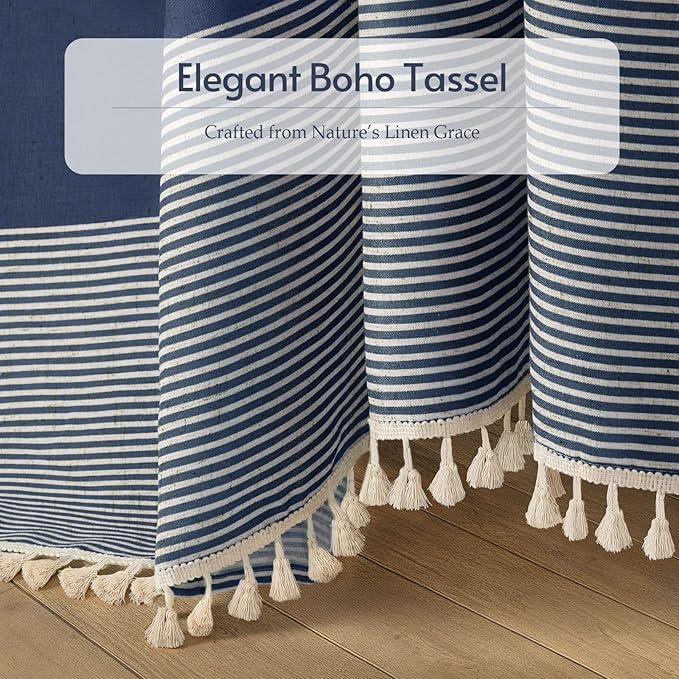 XOGUIBO Navy Blue Shower Curtain Linen Coastal Ocean Striped Shower Curtains for Bathroom with Tassel 48 X 72