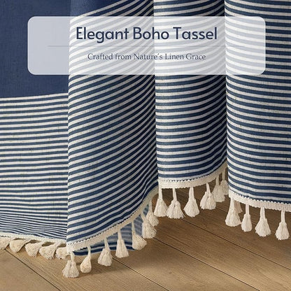 XOGUIBO Navy Blue Shower Curtain Linen Coastal Ocean Striped Shower Curtains for Bathroom with Tassel 60 X 72