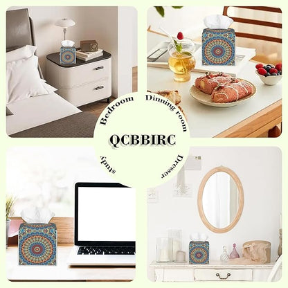 Boho Mandala Flower Tissue Box Cover,Abstract Mandala Floral Waterproof Leather Square Tissue Box Cover Case Facial Paper Organizer Dispenser Box Holder for Home Office Bathroom Vanity Countertop