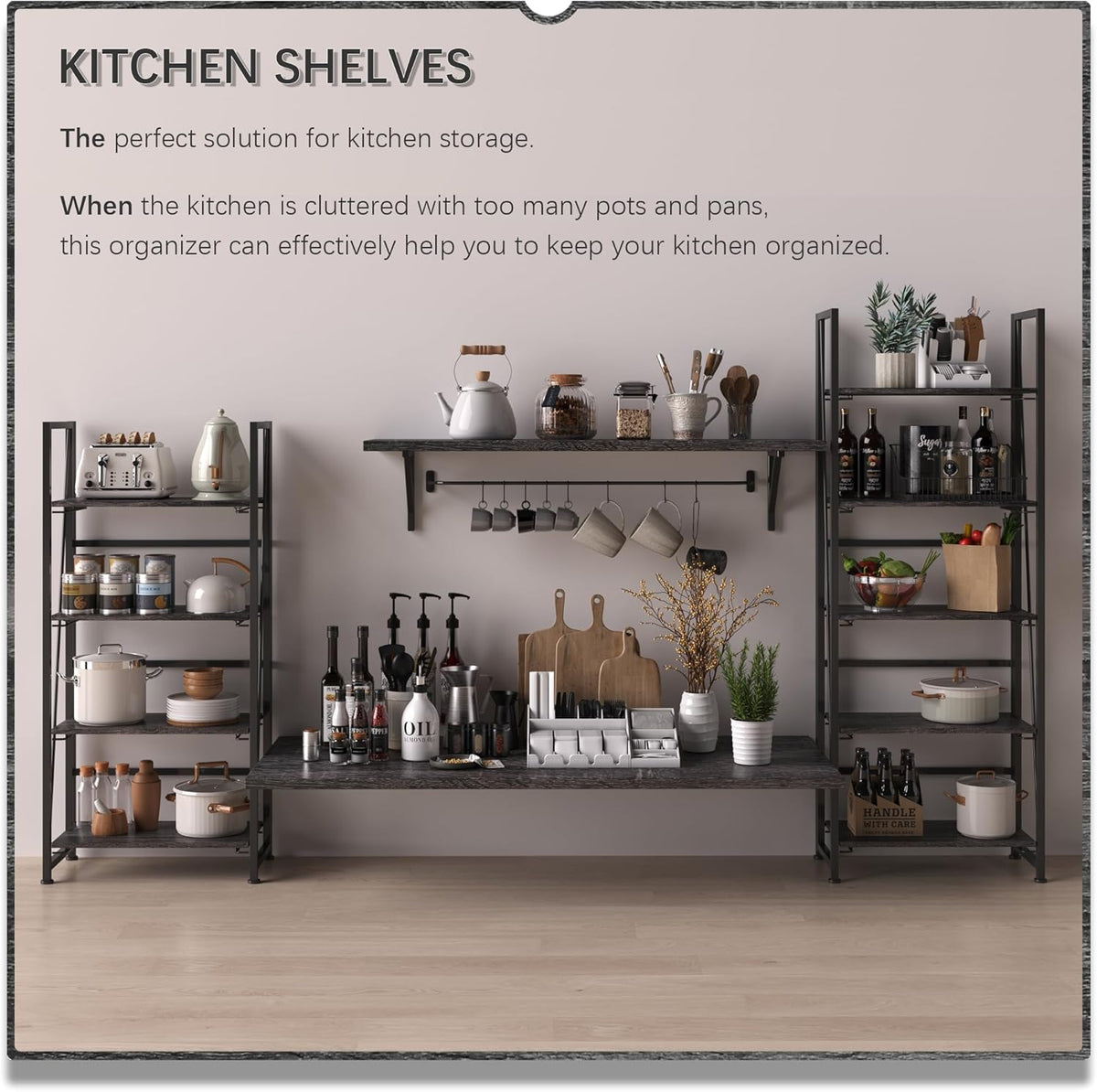 4NM No Assembly Folding Bookshelf Storage Shelves 4 Tiers Vintage Bookcase Standing Racks Study Organizer Home Office (Gray Black)