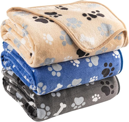 AIWEK Dog Blanket Paw Bone Pattern 1 Pack 3 Colorful 40"*30" Super Soft Warm Flannel Sofa Cover Car Bed Protector, Urine Proof Washable Outdoor Pet Blanket for Puppy Large Dogs & Cats