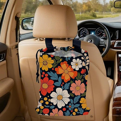 Colorful Flowers Car Trash Bag, Hanging Drawstring Car Garbage Bag,Canvas Car Back Seat Organizer with Adjustable Buckle for Men and Women