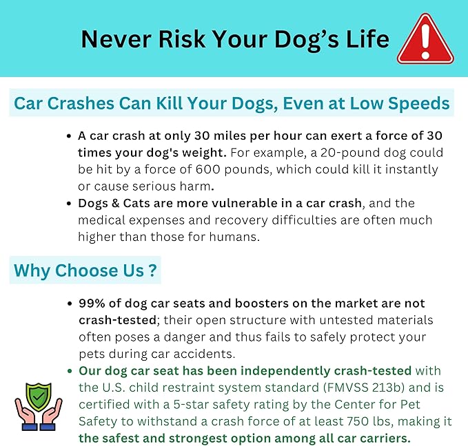 Crash-Tested Dog Car Carrier (Test with FMVSS 213b - 5 Star Safety Rated by CPS) | 3-in-1 Small Dog Car Seat, Pet Carrier for Vet Visit, Enclosed Cat Bed & Carseat | Best for Safe Travel (Up to 15lbs)