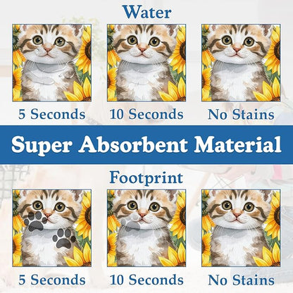 Cute Cat Sunflower Pet Feeding Mat for Floors–Christmas Stocking Absorbent Quick Dry Dog Cat Bowl Mat for Food and Water, Non Slip Waterproof Base, Mess-Free Feeding Accessories 16"x24"