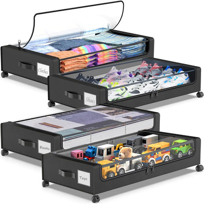Under Bed Storage with Wheels, 4-Pack Underbed Storage Containers with Clear Lids, Under Bed Shoe Storage Organizer, Rolling Under Bed Storage for Clothes Shoes Blankets (Black)