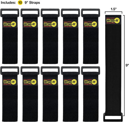 Super-Stretch Wrap-It Storage Straps - 9" (10 Pack) - Elastic Cinch Straps for Extension Cord Management, Cable Storage, Hose Organizer with Hook and Loop Closure to Strap Your Hose, Rope, and More