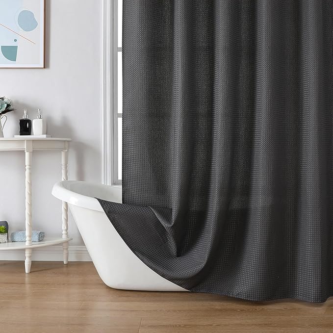meioro Charcoal Grey Shower Curtain, Waffle Weave 256GSM Heavy Duty Textured Fabric Shower Curtains for Bathroom Hotel Spa, Luxury Weighted Polyester Cloth Bath Curtain Set with 12 Hooks, 72Wx78H