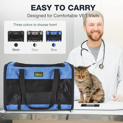 Dog Carriers for Small Dogs, Large Cat & Bunny, Foldable Soft-Sided Pet Travel Bag, up to 25lbs (20"x13"x13"), Breathable and Anti-Scratch Mesh, Perfect for Road Trips, Portable, Blue