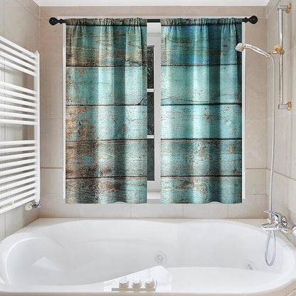 Culudea Turquoise Wooden Shower Curtain Set, Teal Green Blue Bathroom Window Waterproof Shower Curtain Set for Bathroom Decor