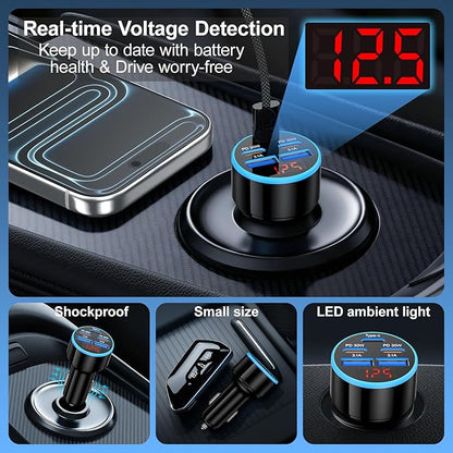Car Charger USB C, 5-Port 90W Super Fast Car Phone Charger, Dual PD 30W & QC Type C Car Charger, Cigarette Lighter Adapter with Voltage Display for iPhone 17/16/15 Pro Max, iPad,Galaxy S25 S24,Pixel