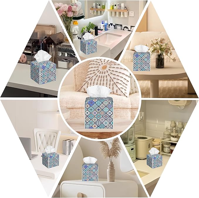 BLYKVGHQ Square Tissue Box Cover Vintage Ceramic Tiles Tissue Box Holder Facial Cube Paper Dispenser Leather Decorative Organizer Home Office Desk Decor, 5.2"x5.2"x5.2"