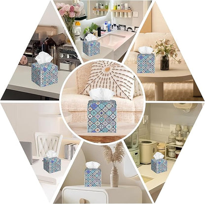 BLYKVGHQ Square Tissue Box Cover Vintage Ceramic Tiles Tissue Box Holder Facial Cube Paper Dispenser Leather Decorative Organizer Home Office Desk Decor, 5.2"x5.2"x5.2"