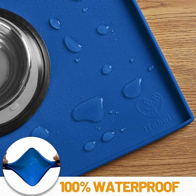 Hubulk Dog Feeding Mat,100% Waterproof Food Grade Silicone Pet Food and Water Bowl Placemat,Dishwasher, High Raised Edge to Prevent Spills,Nonslip Tray to Stop Messes on Floor（28"x18"x0.8", Navy）