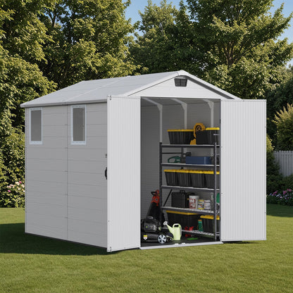 Patiowell 6x8 FT Outdoor Storage Shed with Floor, Resin Garden Tool Shed with Lockable Door & Windows, Weather-Resistant for Lawn Mower, Patio Furniture, Backyard Storage (Light Gray)