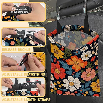 Colorful Flowers Car Trash Bag, Hanging Drawstring Car Garbage Bag,Canvas Car Back Seat Organizer with Adjustable Buckle for Men and Women