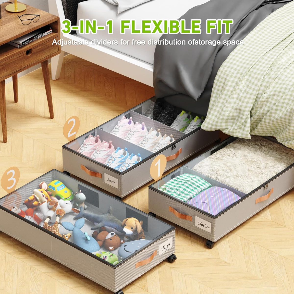 Under Bed Storage with Wheels, 4 Pack Under Bed Storage Container with Dividers & Clear Lids, Under the bed storage Organizer Bins,Underbed Storage with Wheels for Clothes,Toys,Shoes (GREY)
