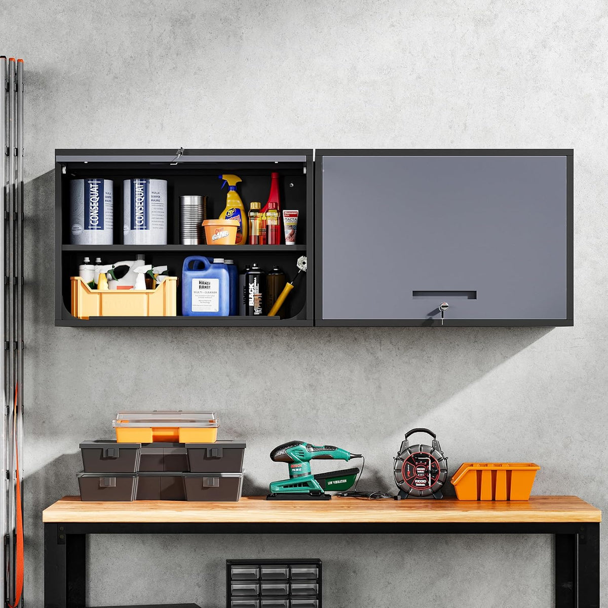 Yizosh Metal Wall Cabinet with Doors and Shelves, Wall Mounted Storage Cabinet for Garage, Basement, Kitchen, Warehouse (Black Gray, 21.6" H)