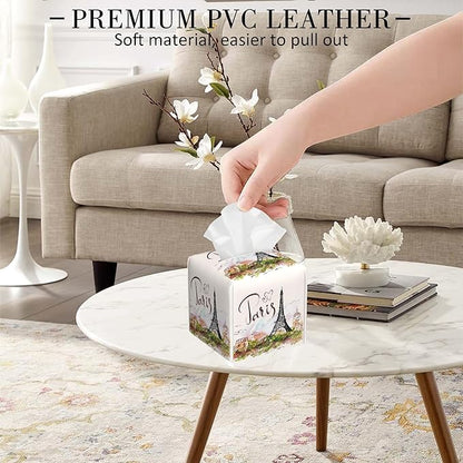 POIUBLE Leather Tissue Box Holder Paris Eiffel Tower Tissue Box Cover Square Waterproof Tissue Holder Organizer Modern Napkin Holder for Bedroom Dresser Night Stand Office Desk