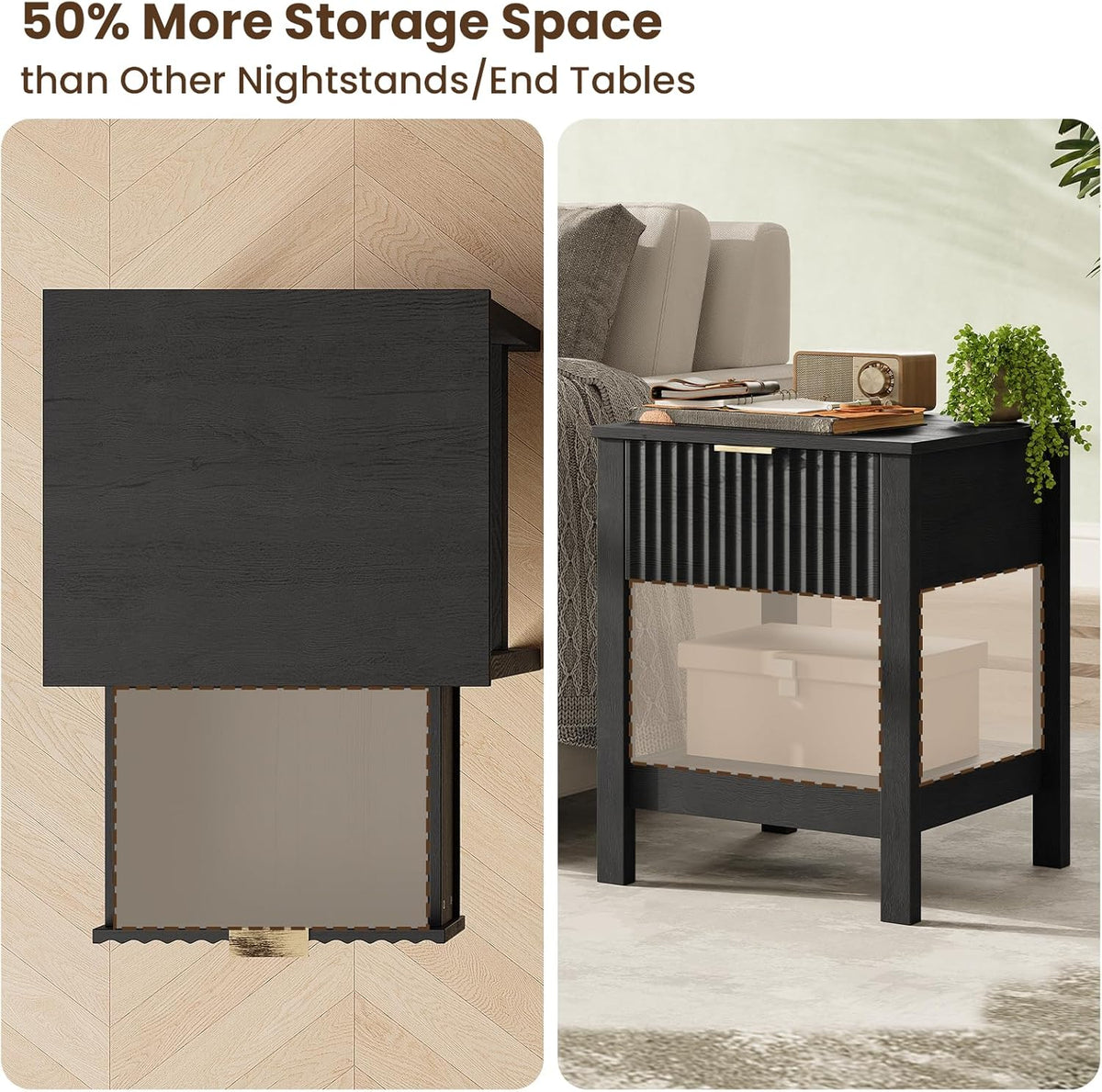 Fluted Night Stand with Golden Handle,Mid-Century Nightstands with Drawer,Modern Bedside Table with Storage Shelf,Large End Tables for Livingroom,Bed Side Tables for Bedroom,Black Wood Grain