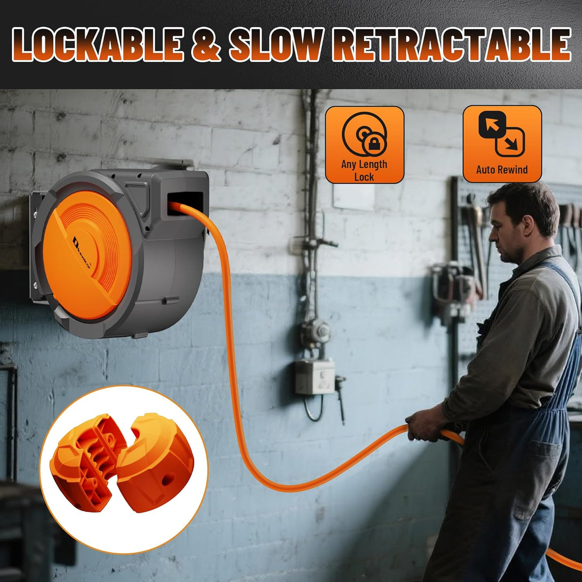 Retractable Air Hose Reel, 3/8" x 80ft Hybrid Hose, Auto Rewind Enclosed Air Compressor Hose Reel with 180° Swivel Bracket, Max 300 PSI Any Length Lock for Garage & Workshop