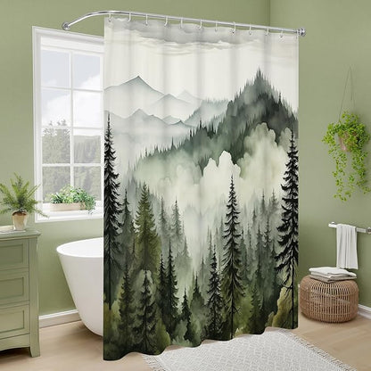 Litabel Dark Green Small Stall Misty Pine Forest Shower Curtain 36 x 72, Mountain Foggy Woodland Scenery Tree Narrow Half Size Shower Curtains for Bathroom, Abstract Waterproof Nature-Themed Decor