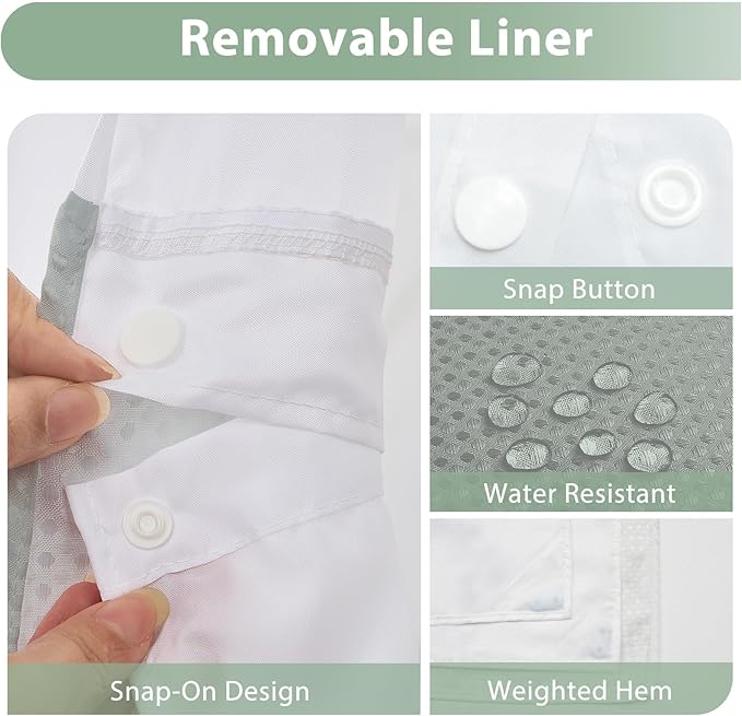 GICDSU No Hook Shower Curtain with Snap in Liner, Waffle Shower Curtain Set for Bathroom, Hotel Style with Semi-Sheer Top Window, Waterproof & Washable, Sage Green, 71" W x 75" L