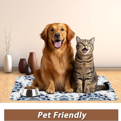 Mandala Flower Dog Food Mat for Floors,Blue Boho Floral Absorbent Quick-Dry Pet Feeding Mat,Cat Dog Bowl Mats for Food and Water,Non-Slip Pet Accessories Supplies 12"x20"