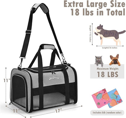 Chuzhong Airline Approved Pet Carrier for Cats & Small Dogs (Up to 18 Lbs) - Soft Sided Travel Carrier with Washable Pad (Grey)