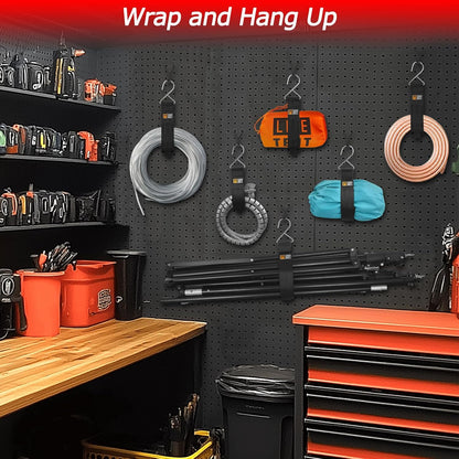 Hanging Extension Cord Holder - Storage Wrap Straps with Metal Hooks 10Pack 15" 22" Heavy Duty Garage Organizer Tool Hangers - Garden Hose Power Electrical Cable Rope RV Shed Camping Organization