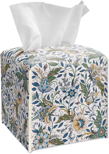 Columbia Blue Block Print Tissue Box Cover Square, Vintage Floral Leather Tissue Box Holder with Bottom Belt, Modern Home Decoration for Nightstands, Dining Table, Office, Car -16