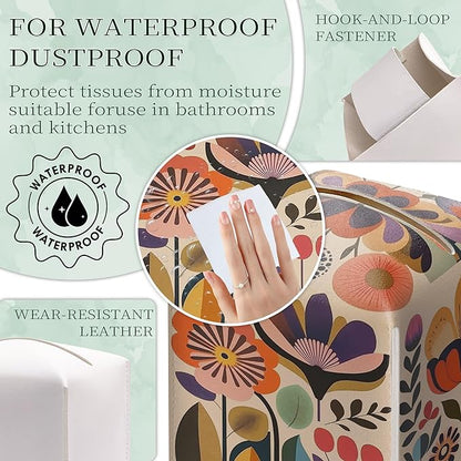 Scandinavian Boho Tissue Box Holder, Norwegian Folk Floral Leather Tissue Box Cover Square, Paper Napkins Everyday Dispenser for Bathroom Night Stands Kitchen Office Car Home Decor