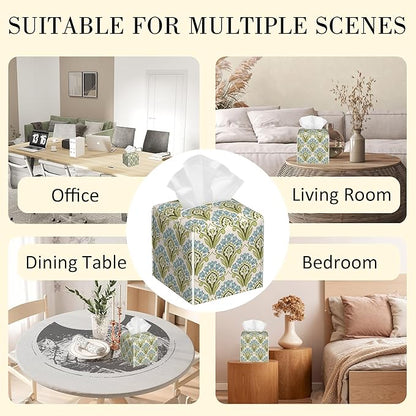 POIUBLE Tissue Box Holder Green and Blue Floral Tissue Box Cover Square Leather Tissue Holder Organizer Portable Decorative Facial Paper Case for Home Office Bathroom Vanity Countertop