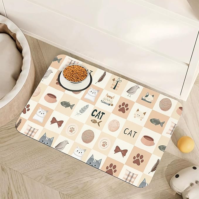 Cute Cat Toy Print Dog Food Mat for Floors,Absorbent Pet Food and Water Bowl Mats,Non-Slip Pet Feeding Mat,Pet Supplies 16" x 24"