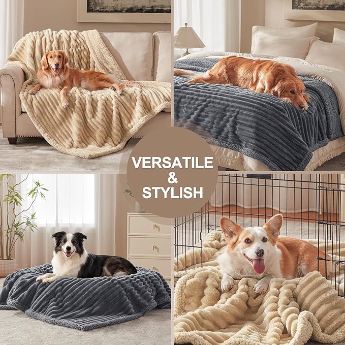 AIPERRO Waterproof Dog Blanket for Large Dogs, Washable Soft Puppy Cat Blanket Flannel Cotton Velour for Sofa Couch Protector, Comfort & Security Reversible Bed Protection for Pet, 40"X50", Khaki