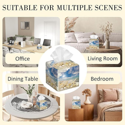 POIUBLE Seashells and Starfish on Beach Tissue Box Cover Leather Tissue Box Holder Square Facial Paper Organizer Dispenser for Bathroom Kitchen Bedroom Vanity Countertop Night Stands